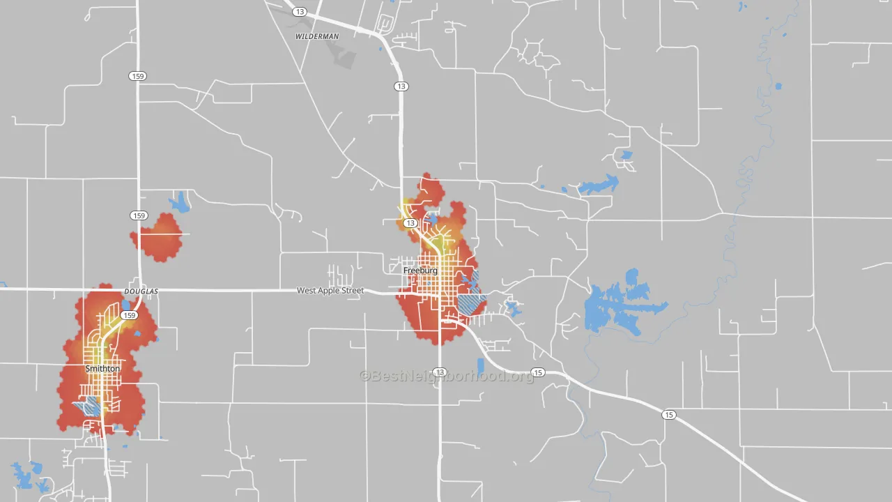Walk Grade map of Freeburg, IL, walkable areas in green and car-dependent areas in red