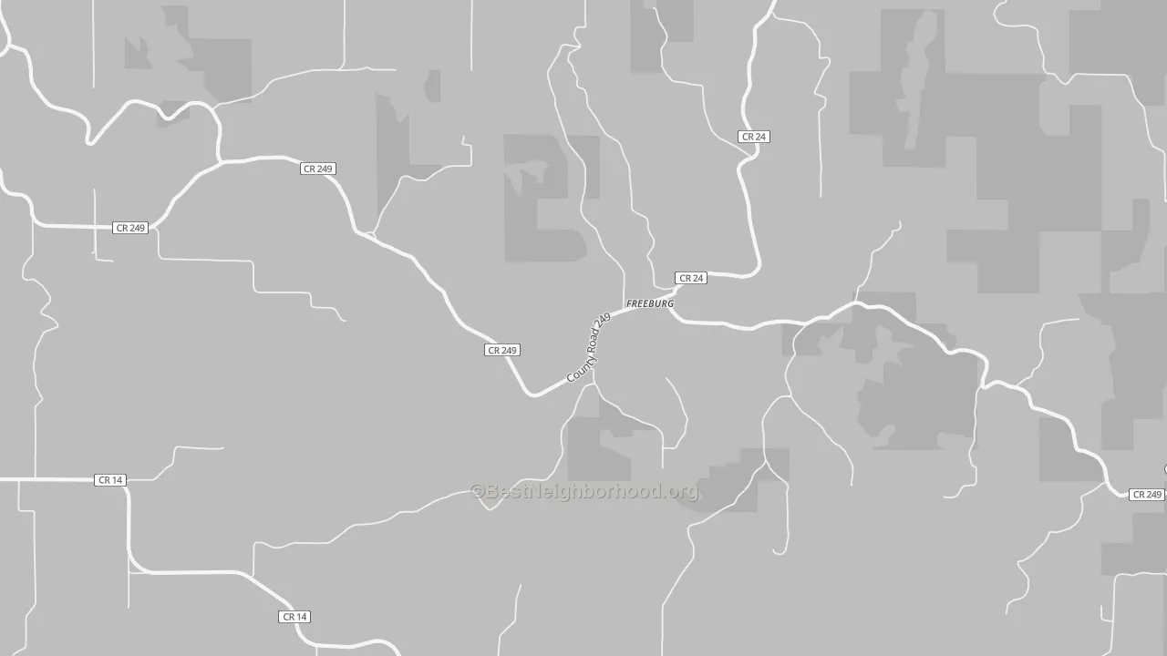 Walk Grade map of Freeburg, MN, walkable areas in green and car-dependent areas in red