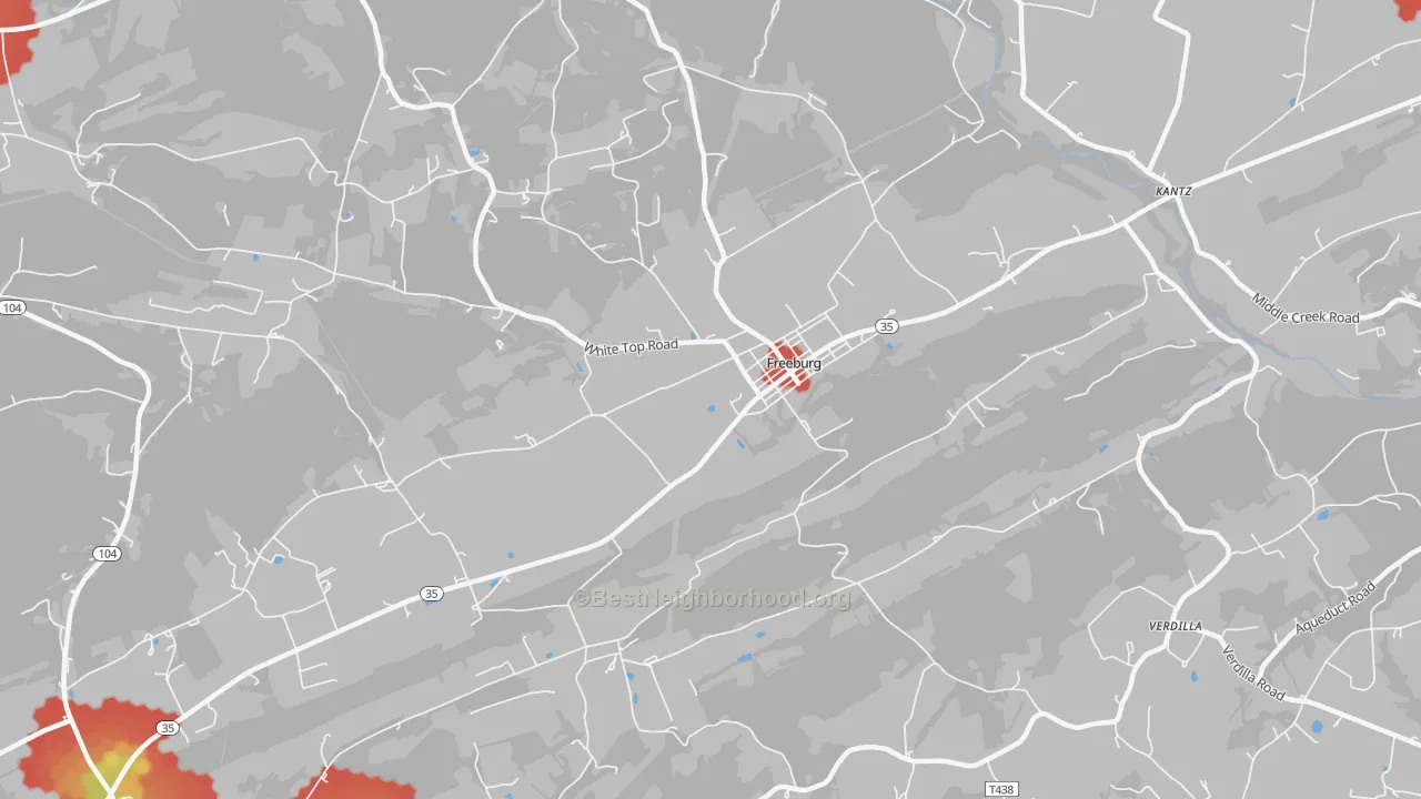 Walk Grade map of Freeburg, PA, walkable areas in green and car-dependent areas in red