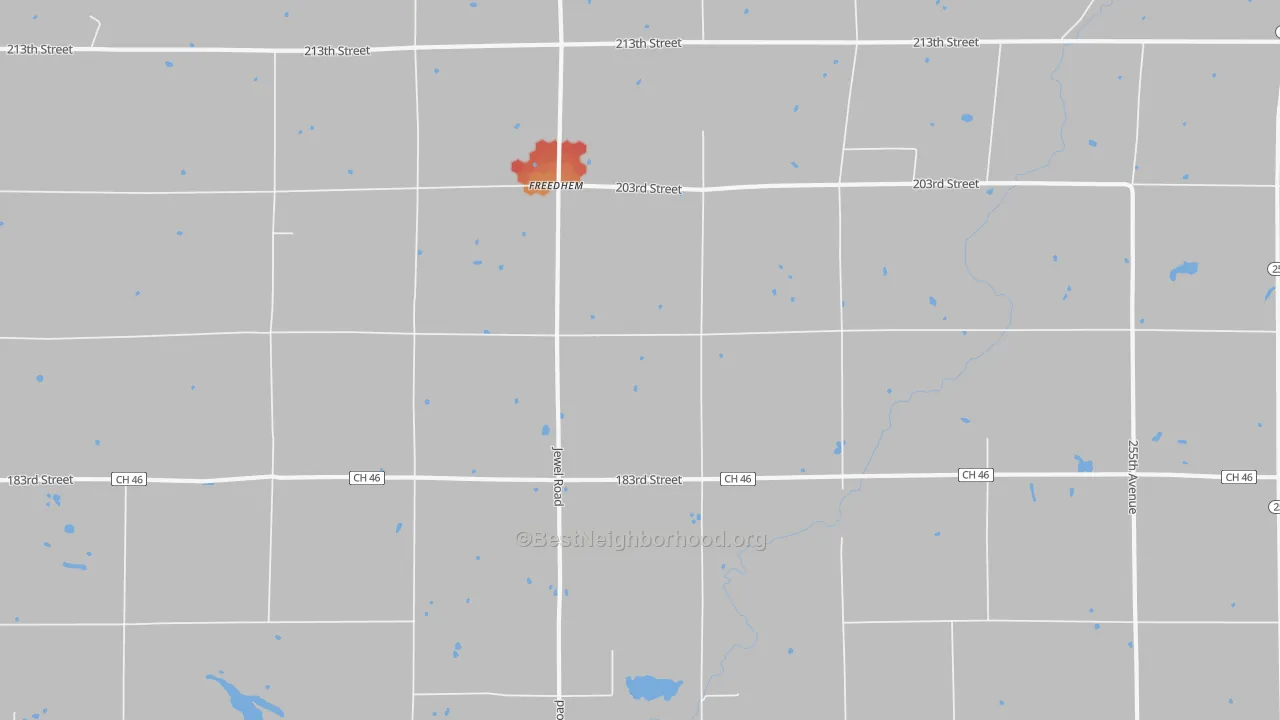 Walk Grade map of Freedhem, MN, walkable areas in green and car-dependent areas in red