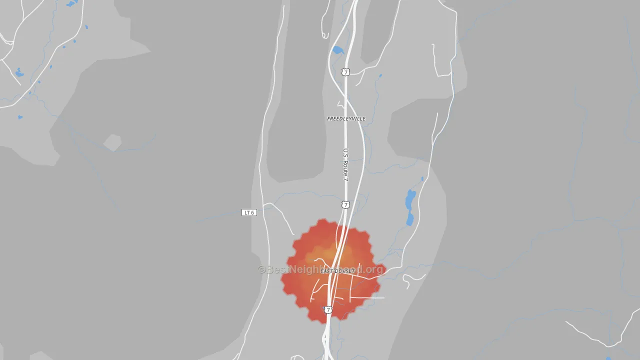 Walk Grade map of Freedleyville, VT, walkable areas in green and car-dependent areas in red