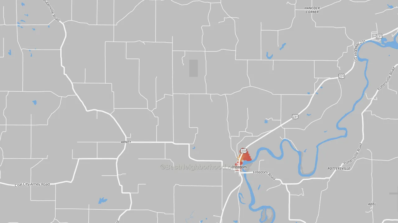Walk Grade map of Freedom, IN, walkable areas in green and car-dependent areas in red
