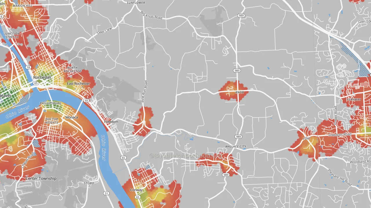 Walk Grade map of Freedom, PA, walkable areas in green and car-dependent areas in red