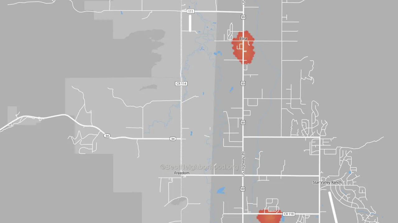 Walk Grade map of Freedom, WY, walkable areas in green and car-dependent areas in red
