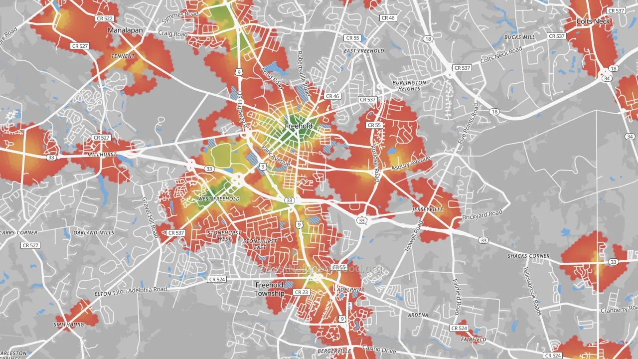 Walk Grade map of Freehold, NJ, walkable areas in green and car-dependent areas in red
