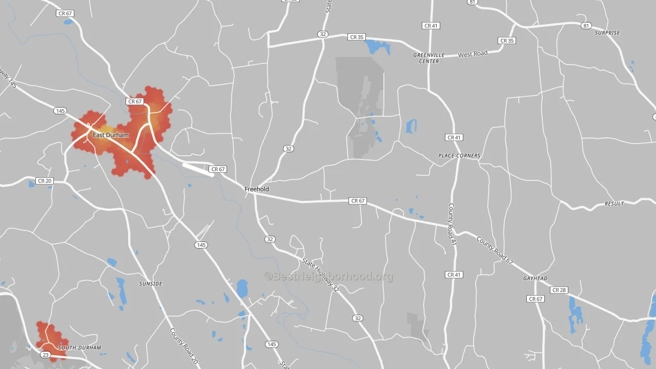 Walk Grade map of Freehold, NY, walkable areas in green and car-dependent areas in red
