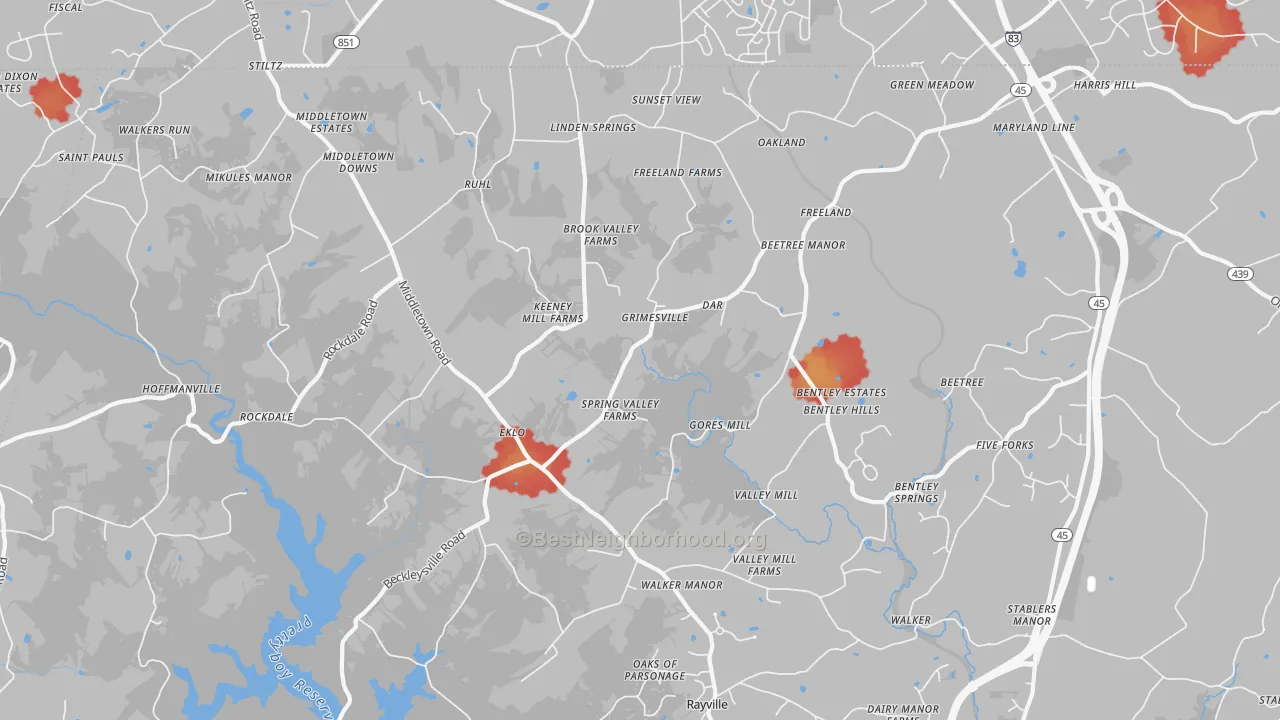 Walk Grade map of Freeland, MD, walkable areas in green and car-dependent areas in red