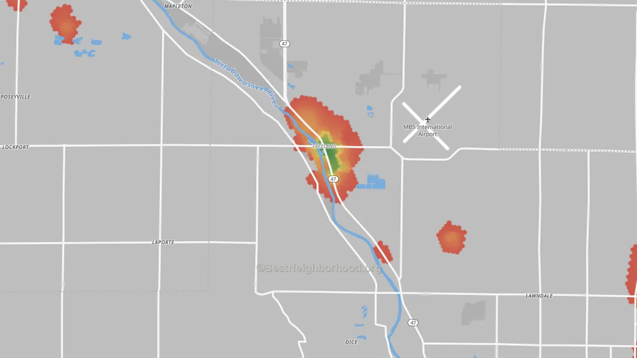 Walk Grade map of Freeland, MI, walkable areas in green and car-dependent areas in red
