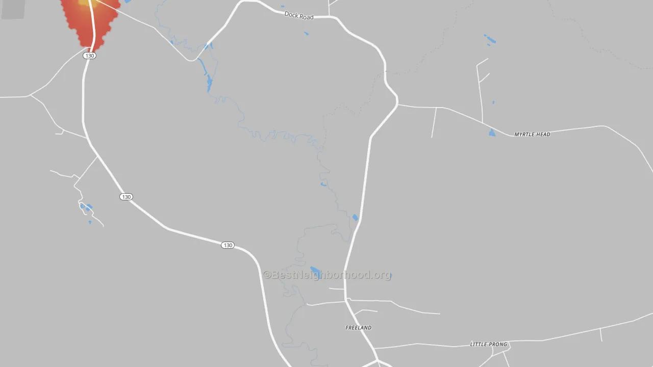 Walk Grade map of Freeland, NC, walkable areas in green and car-dependent areas in red