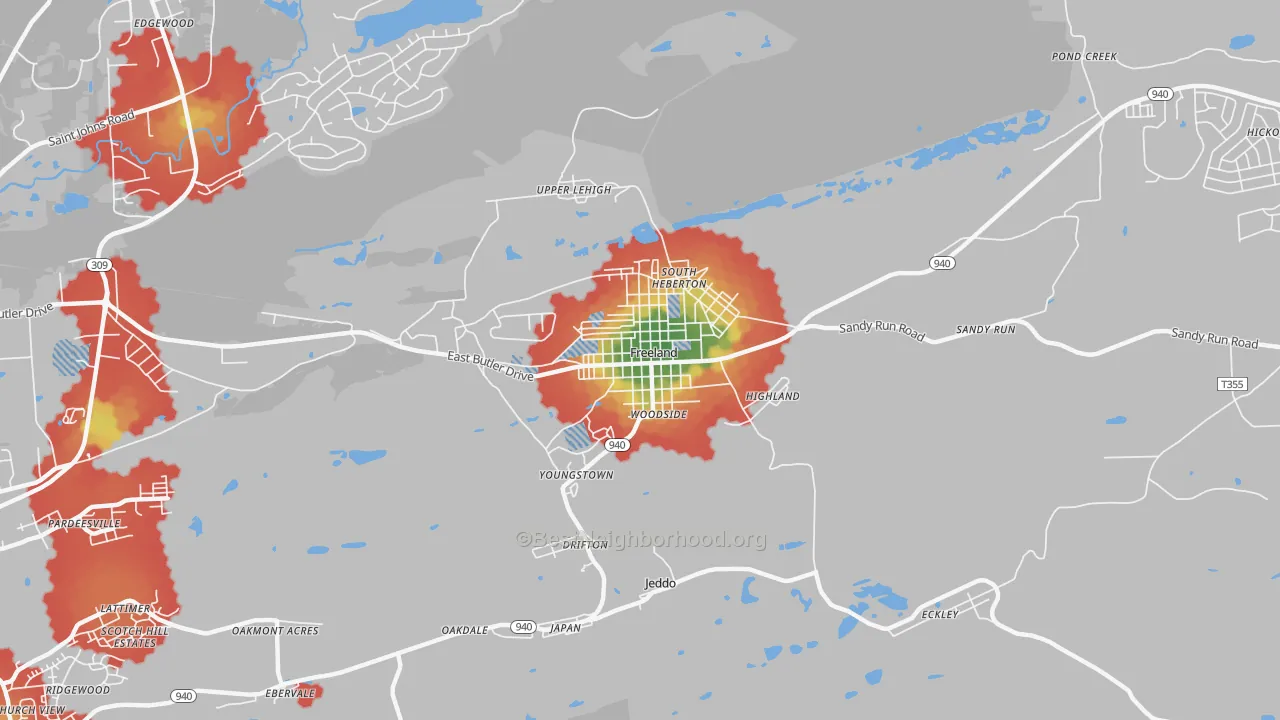 Walk Grade map of Freeland, PA, walkable areas in green and car-dependent areas in red