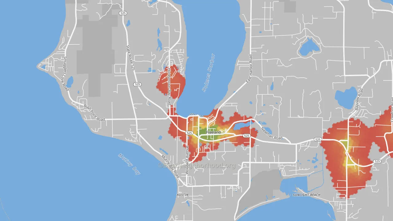 Walk Grade map of Freeland, WA, walkable areas in green and car-dependent areas in red