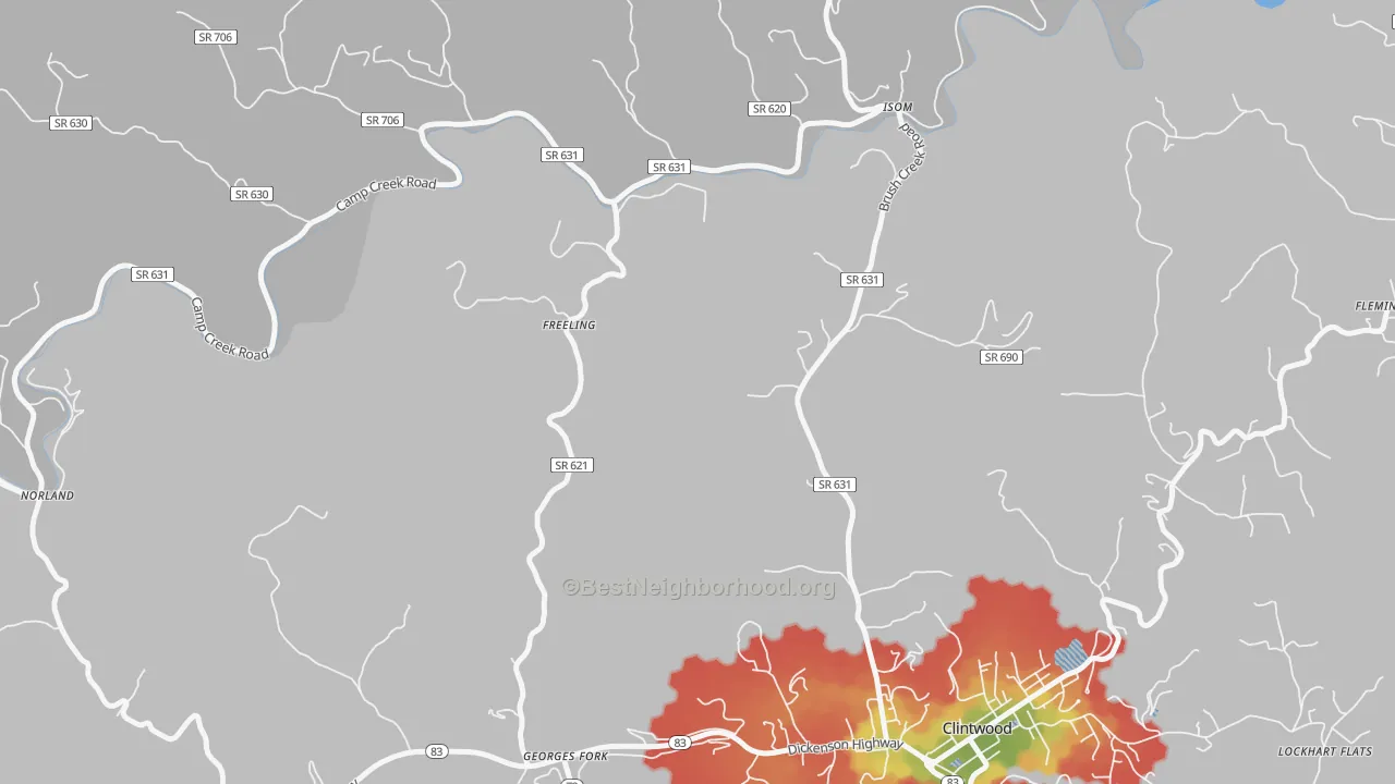 Walk Grade map of Freeling, VA, walkable areas in green and car-dependent areas in red