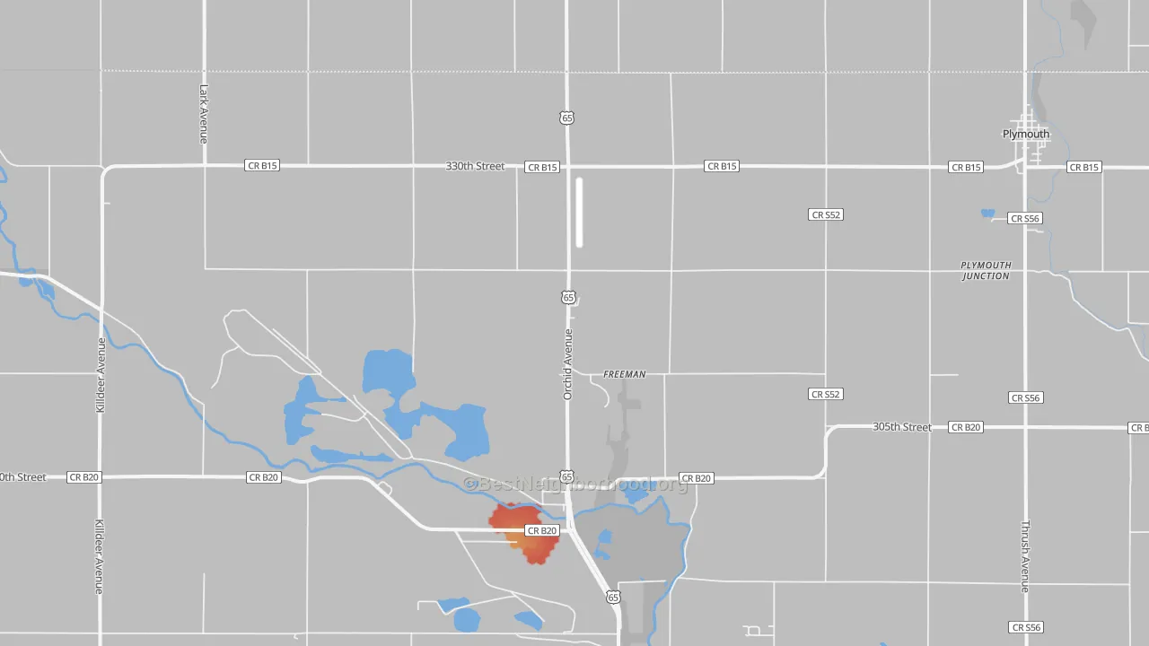 Walk Grade map of Freeman, IA, walkable areas in green and car-dependent areas in red