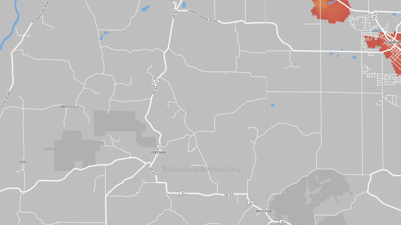 Walk Grade map of Freeman, IN, walkable areas in green and car-dependent areas in red