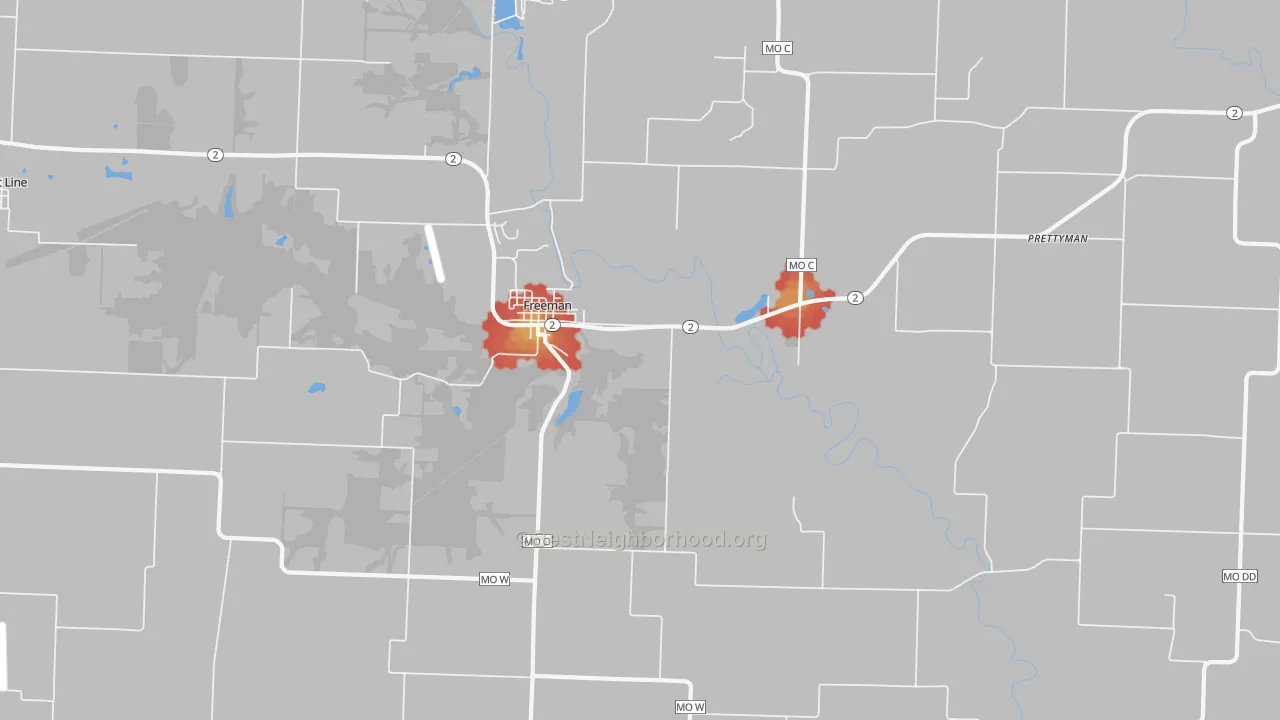 Walk Grade map of Freeman, MO, walkable areas in green and car-dependent areas in red