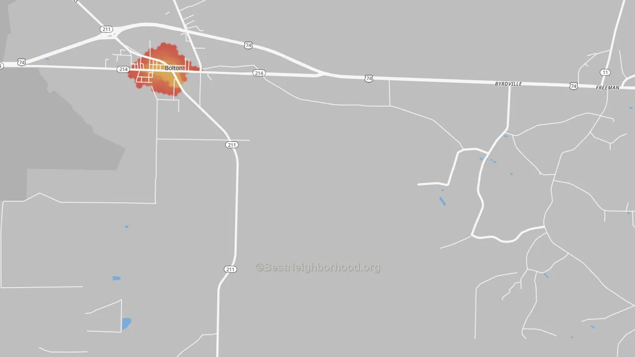 Walk Grade map of Freeman, NC, walkable areas in green and car-dependent areas in red