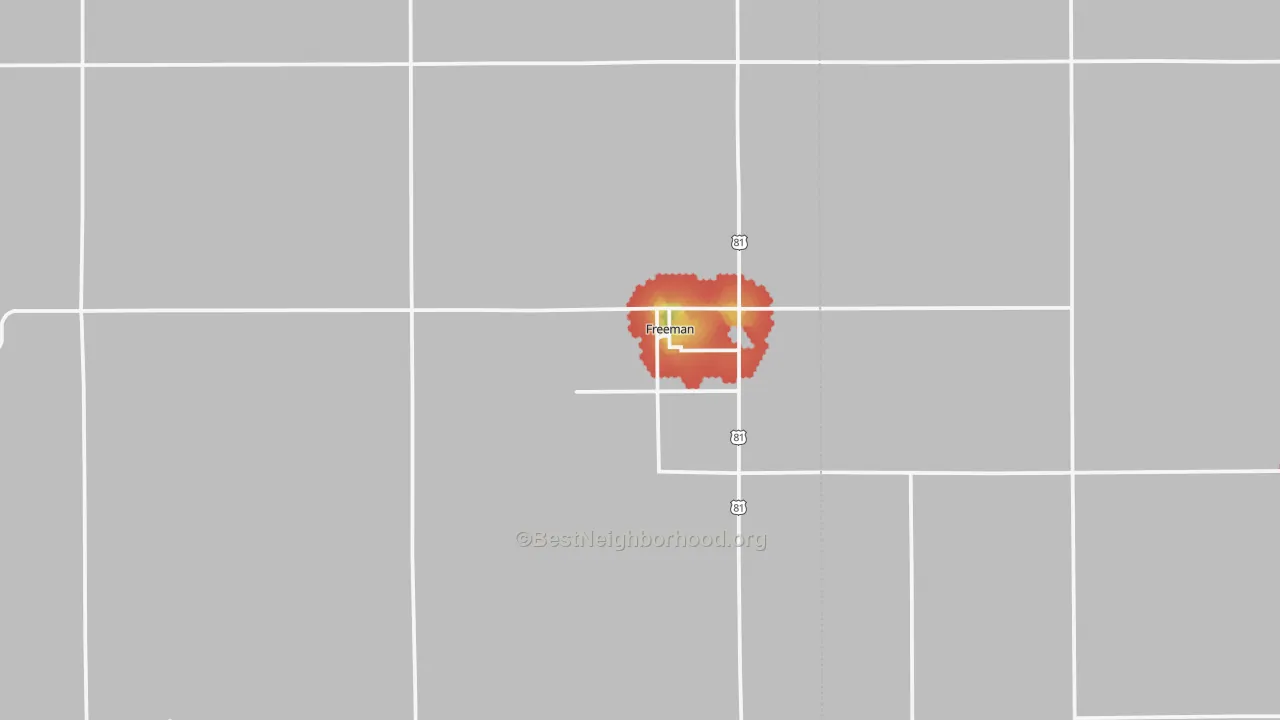 Walk Grade map of Freeman, SD, walkable areas in green and car-dependent areas in red