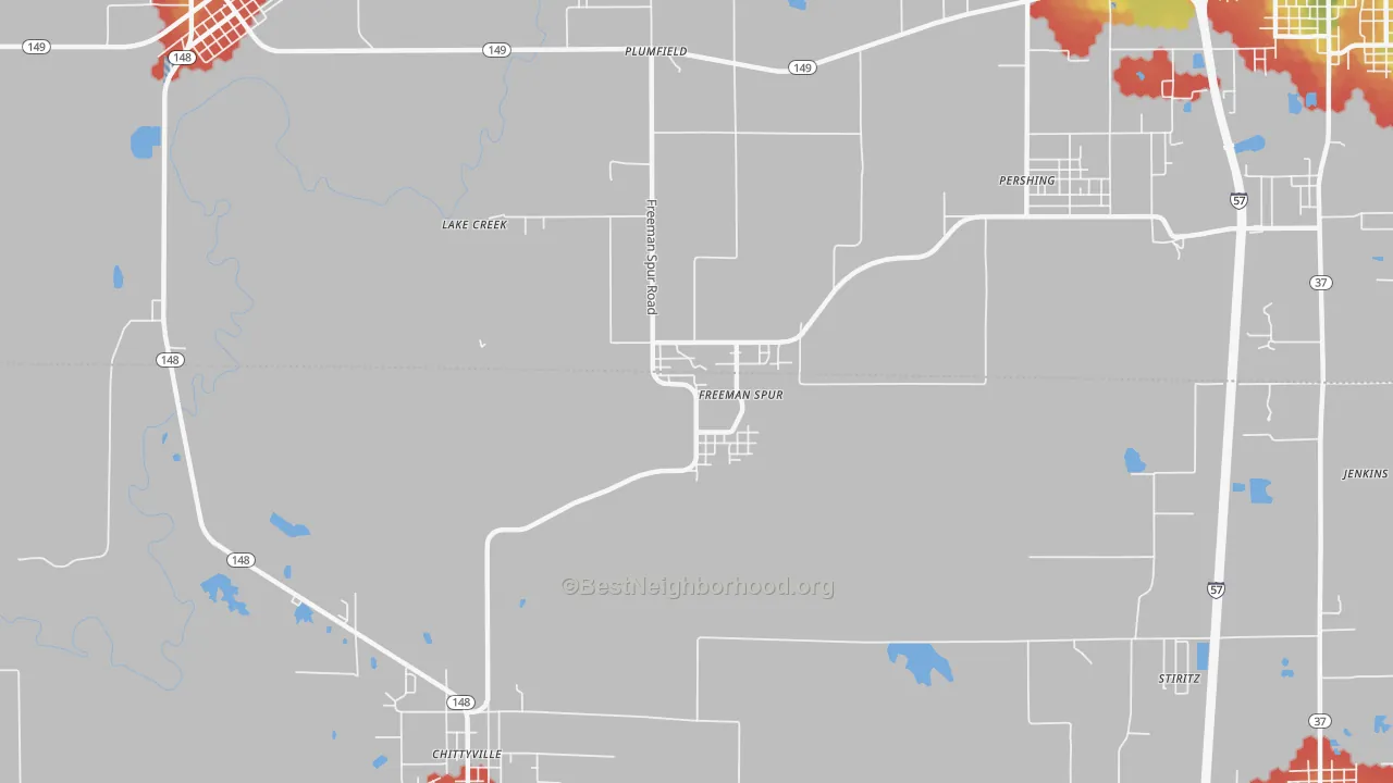 Walk Grade map of Freeman Spur, IL, walkable areas in green and car-dependent areas in red