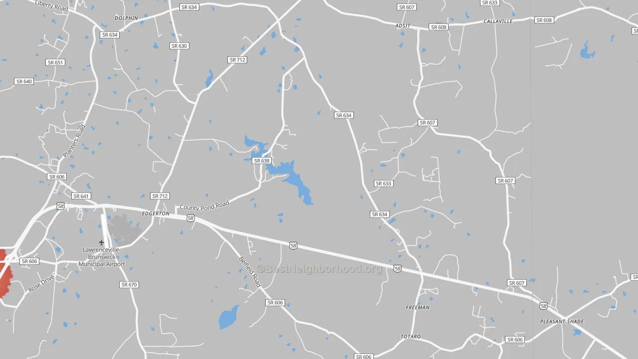 Walk Grade map of Freeman, VA, walkable areas in green and car-dependent areas in red