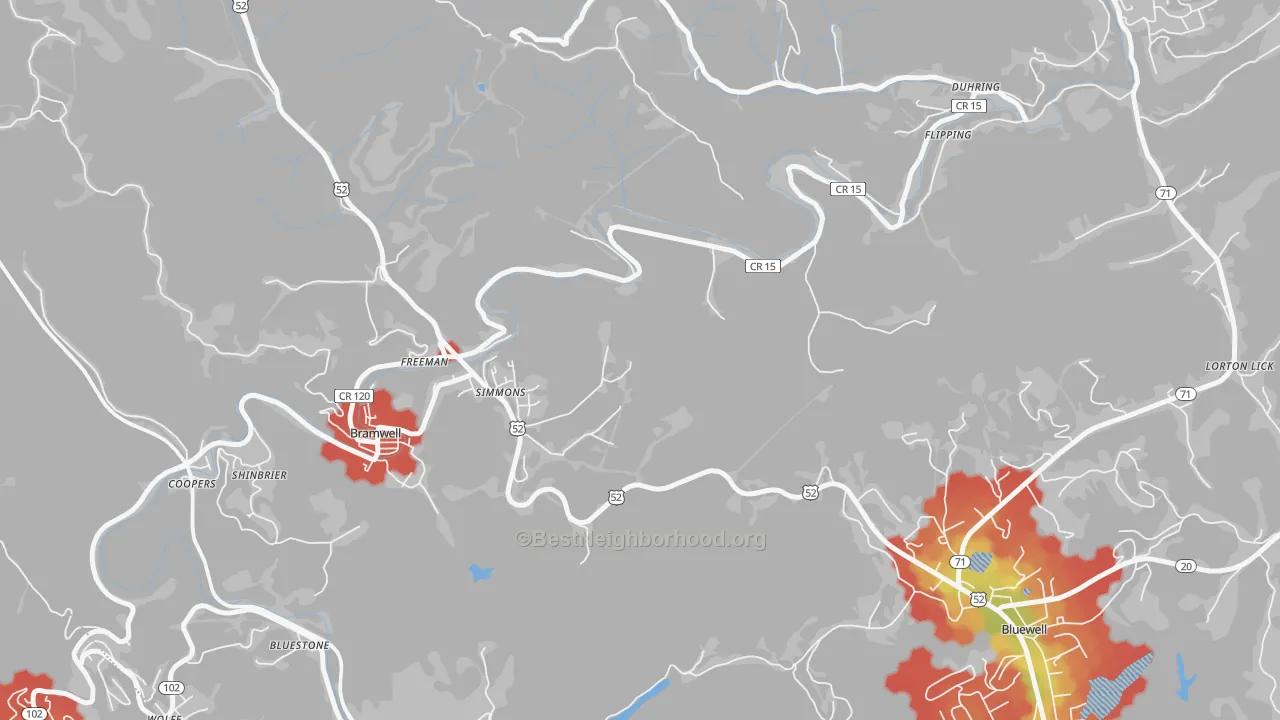 Walk Grade map of Freeman, WV, walkable areas in green and car-dependent areas in red