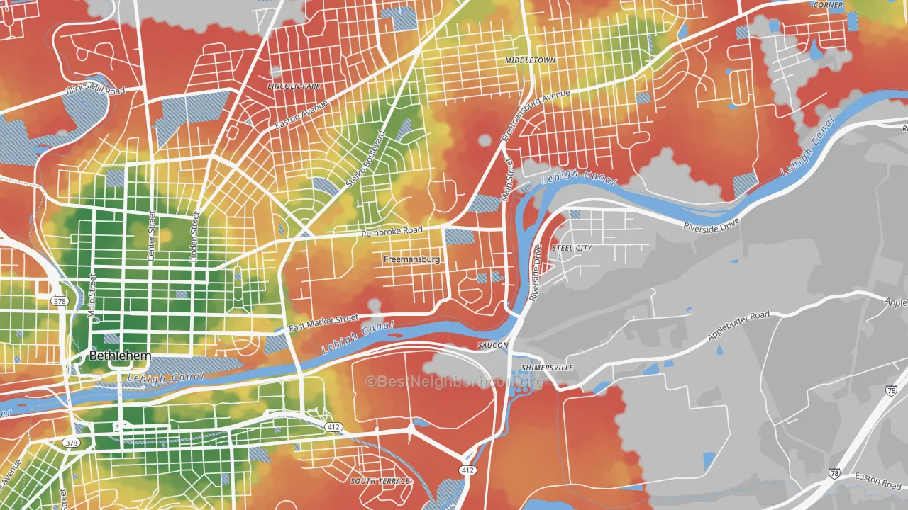 Walk Grade map of Freemansburg, PA, walkable areas in green and car-dependent areas in red