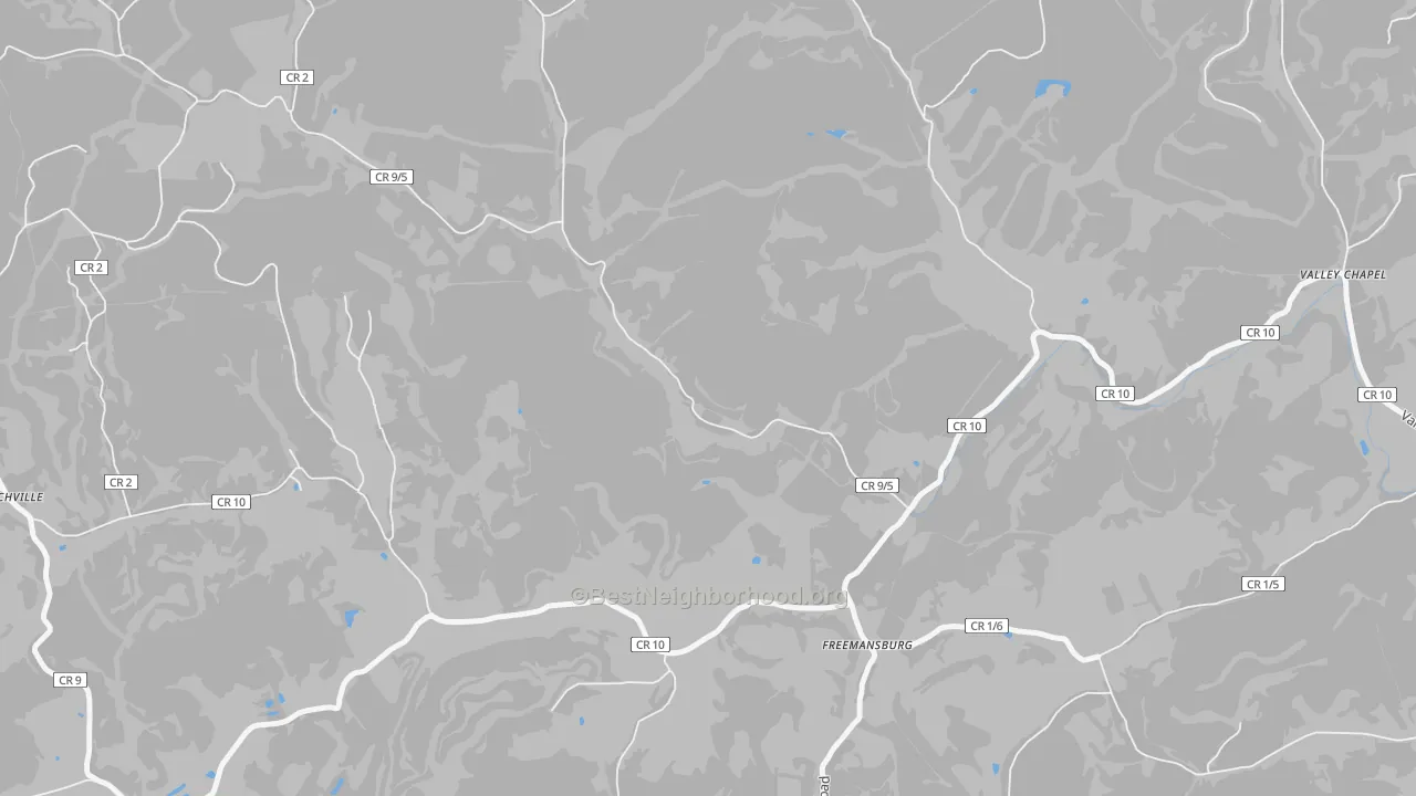Walk Grade map of Freemansburg, WV, walkable areas in green and car-dependent areas in red