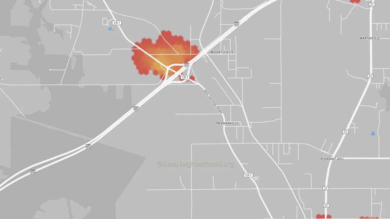 Walk Grade map of Freemanville, AL, walkable areas in green and car-dependent areas in red