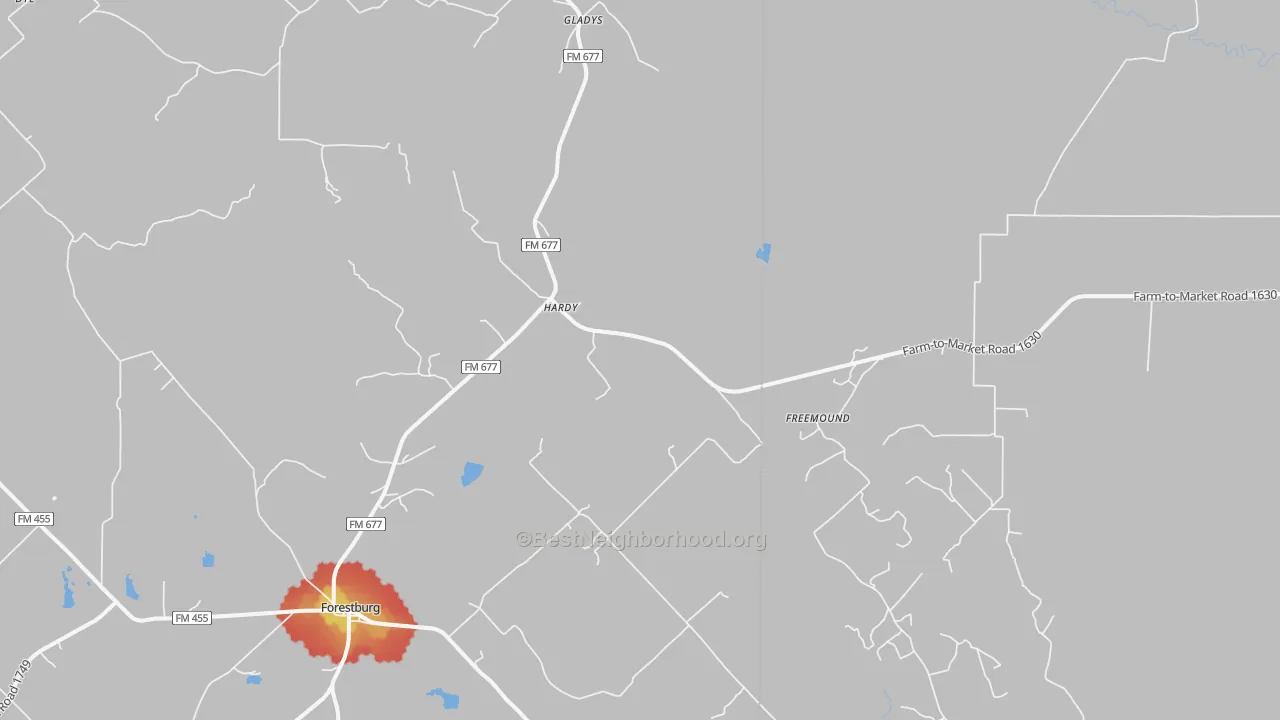 Walk Grade map of Freemound, TX, walkable areas in green and car-dependent areas in red