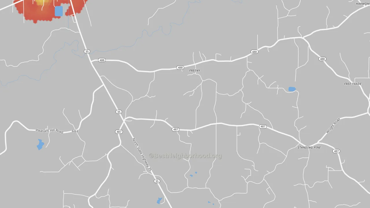 Walk Grade map of Freeny, MS, walkable areas in green and car-dependent areas in red