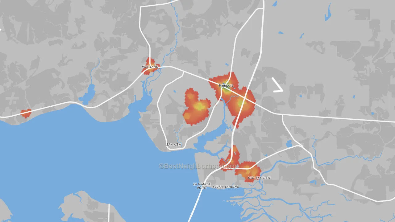 Walk Grade map of Freeport, FL, walkable areas in green and car-dependent areas in red