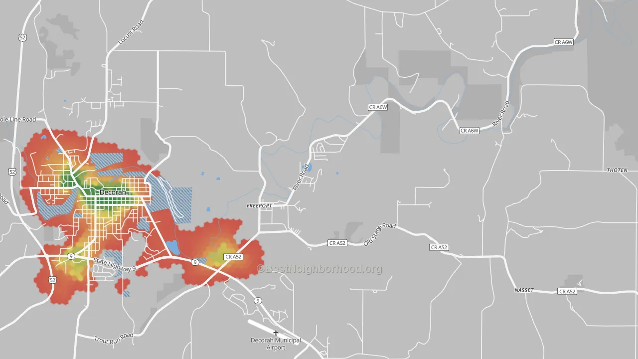 Walk Grade map of Freeport, IA, walkable areas in green and car-dependent areas in red