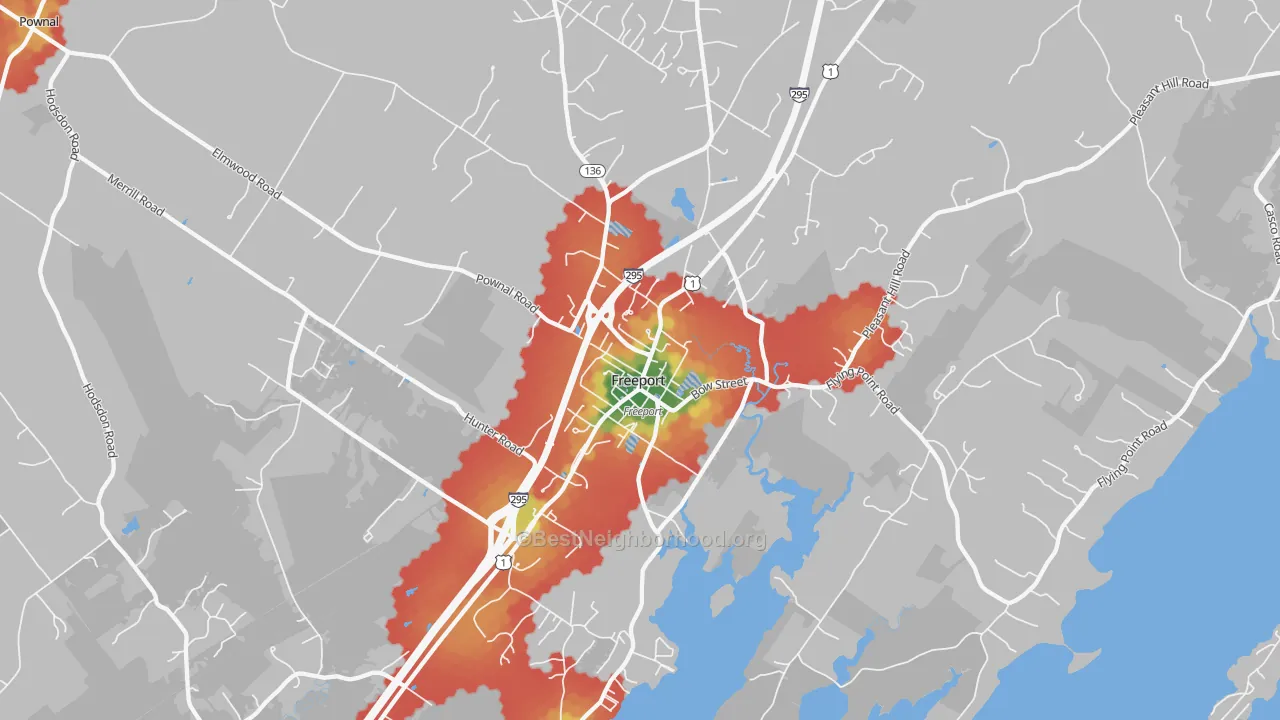 Walk Grade map of Freeport, ME, walkable areas in green and car-dependent areas in red