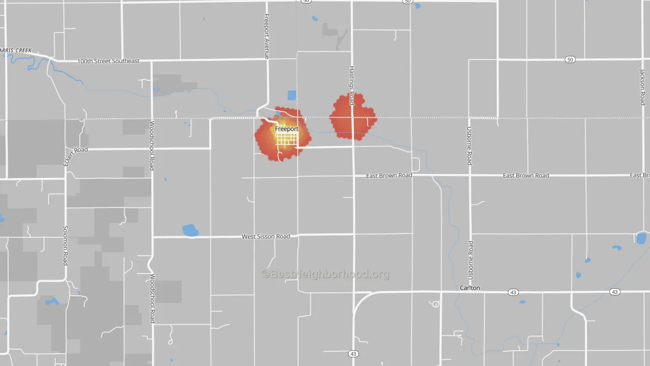 Walk Grade map of Freeport, MI, walkable areas in green and car-dependent areas in red