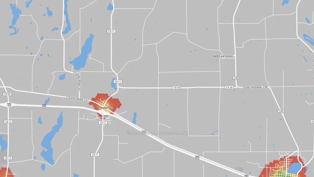 Walk Grade map of Freeport, MN, walkable areas in green and car-dependent areas in red