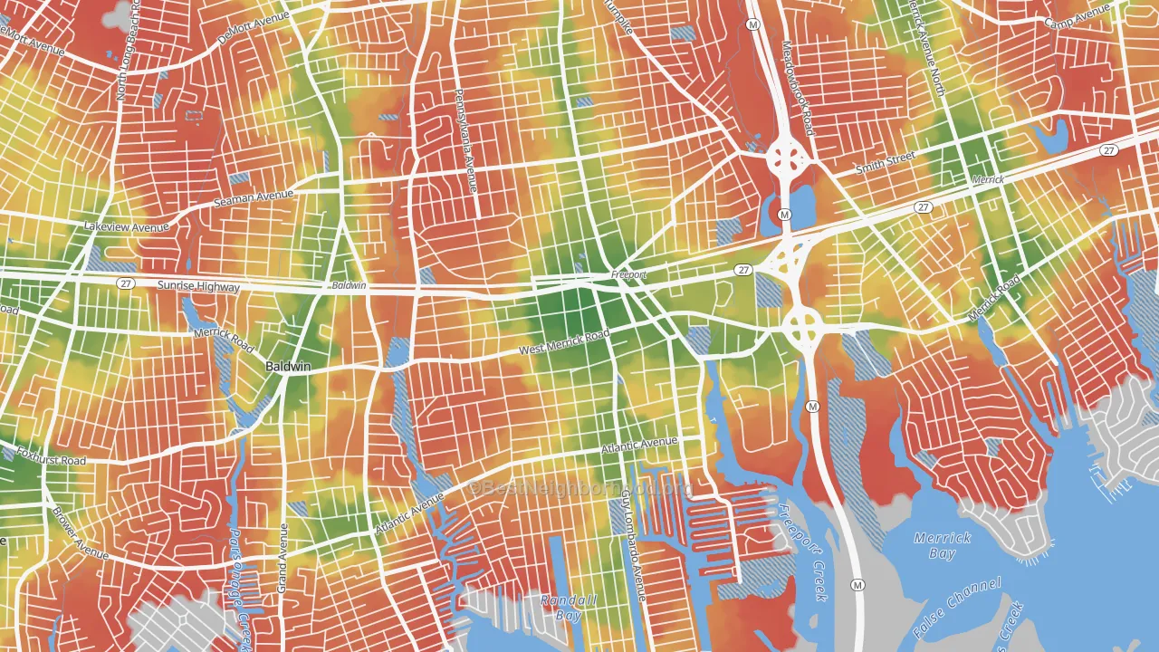 Walk Grade map of Freeport, NY, walkable areas in green and car-dependent areas in red