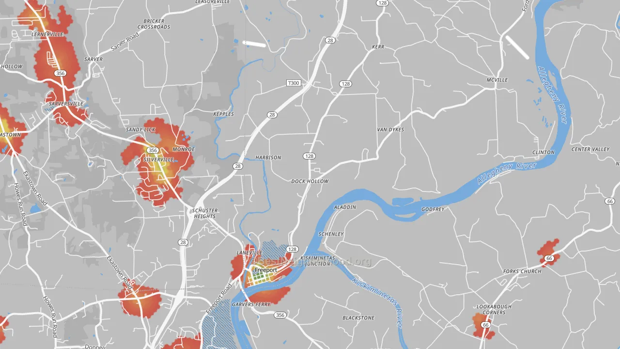 Walk Grade map of Freeport, PA, walkable areas in green and car-dependent areas in red