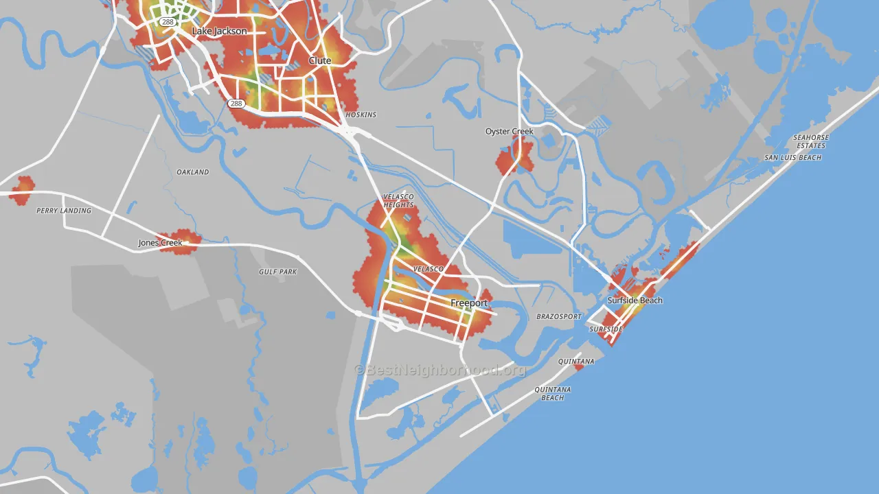 Walk Grade map of Freeport, TX, walkable areas in green and car-dependent areas in red