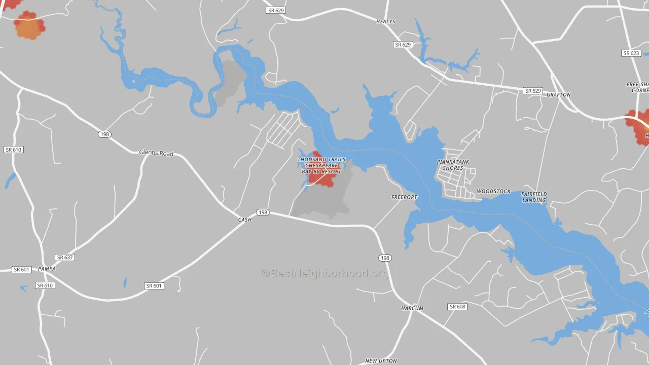 Walk Grade map of Freeport, VA, walkable areas in green and car-dependent areas in red