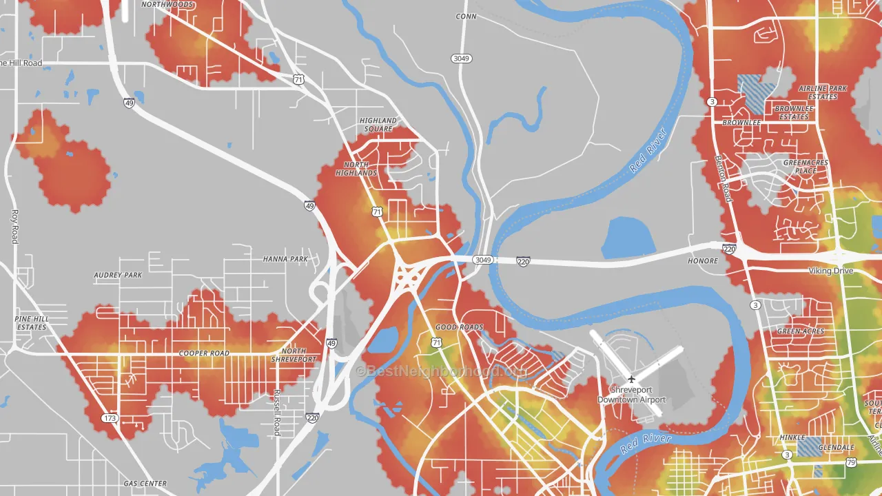 Walk Grade map of Freestate-North Highlands, Shreveport, LA, walkable areas in green and car-dependent areas in red