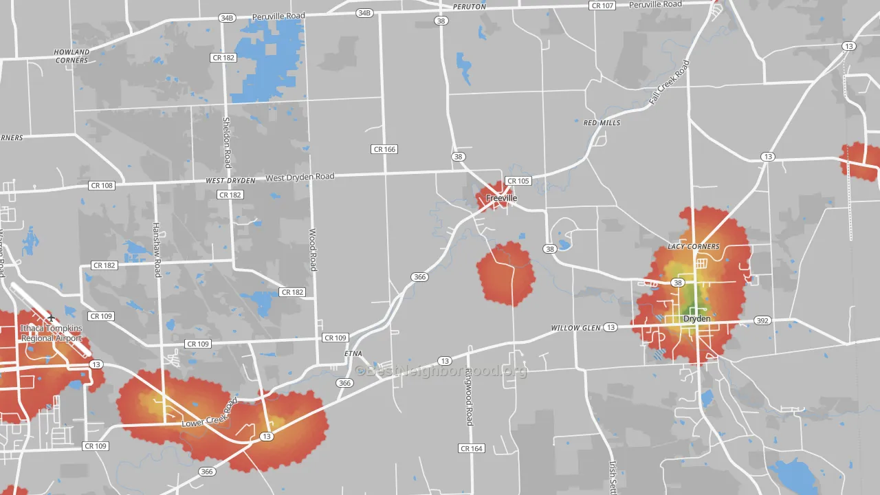 Walk Grade map of Freeville, NY, walkable areas in green and car-dependent areas in red