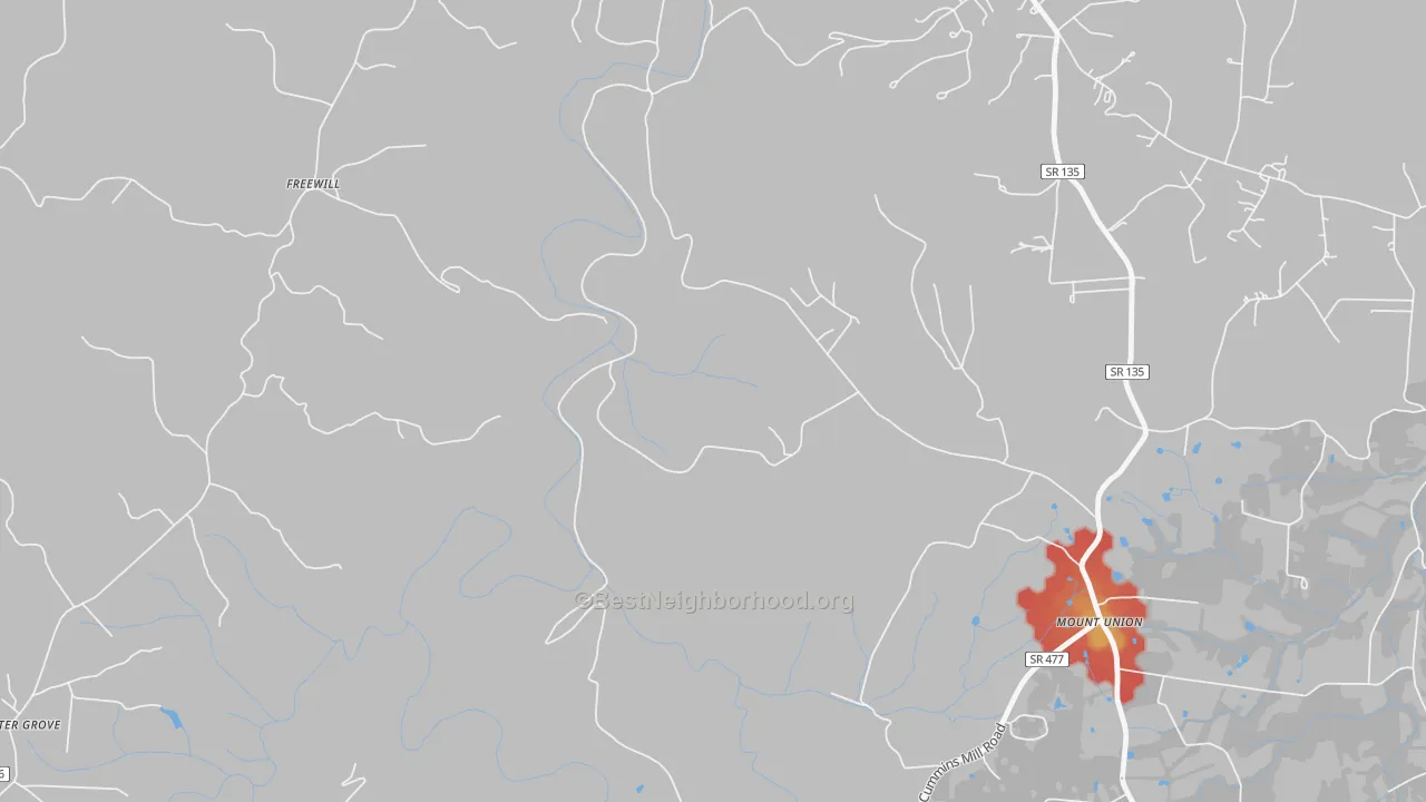 Walk Grade map of Freewill, TN, walkable areas in green and car-dependent areas in red