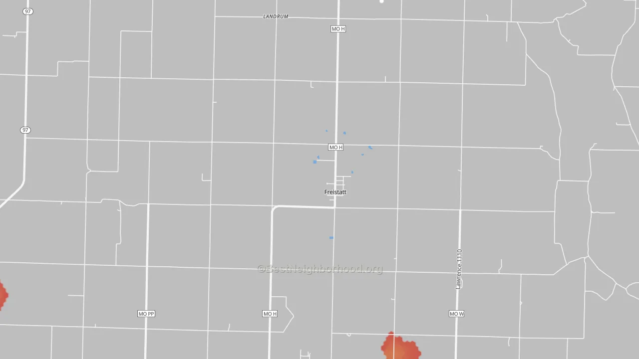 Walk Grade map of Freistatt, MO, walkable areas in green and car-dependent areas in red
