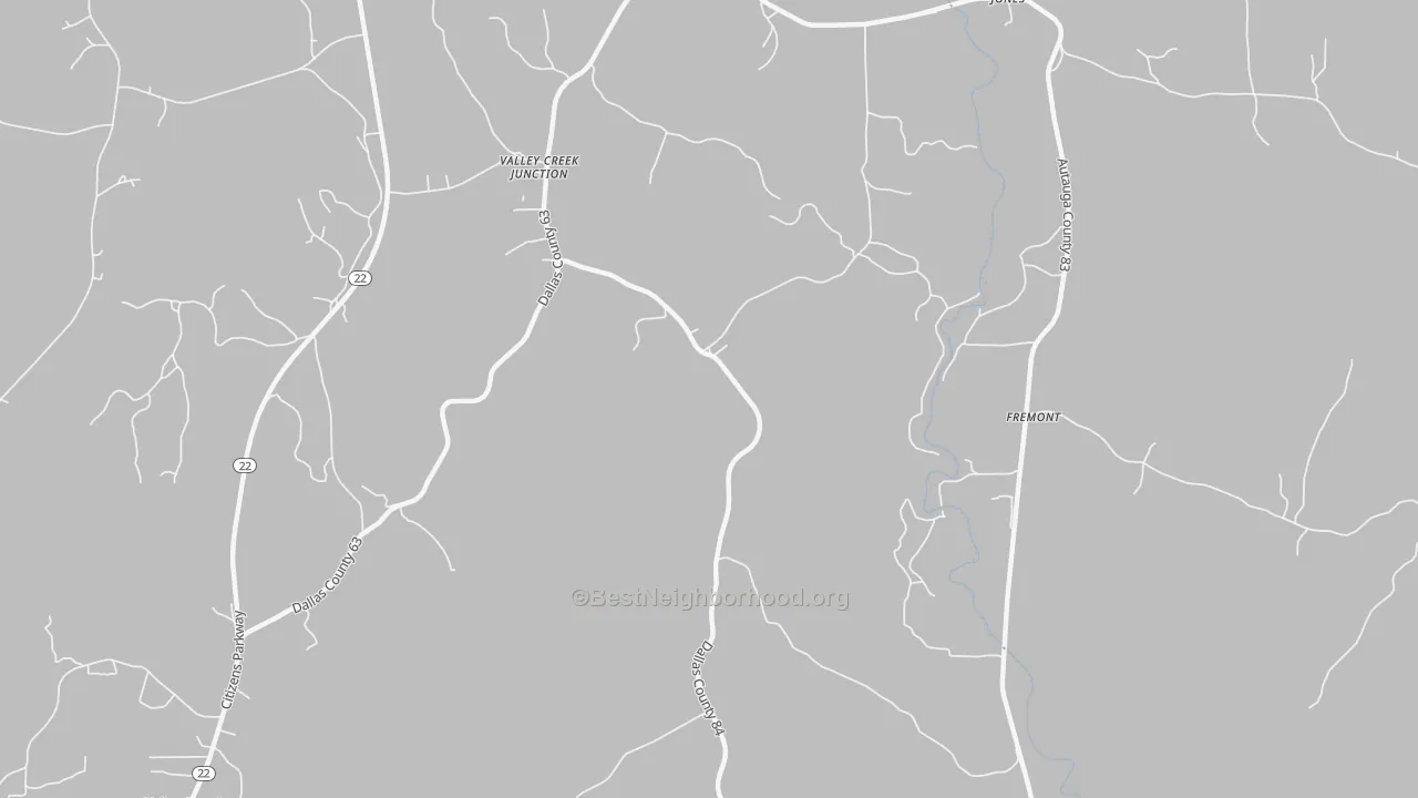 Walk Grade map of Fremont, AL, walkable areas in green and car-dependent areas in red