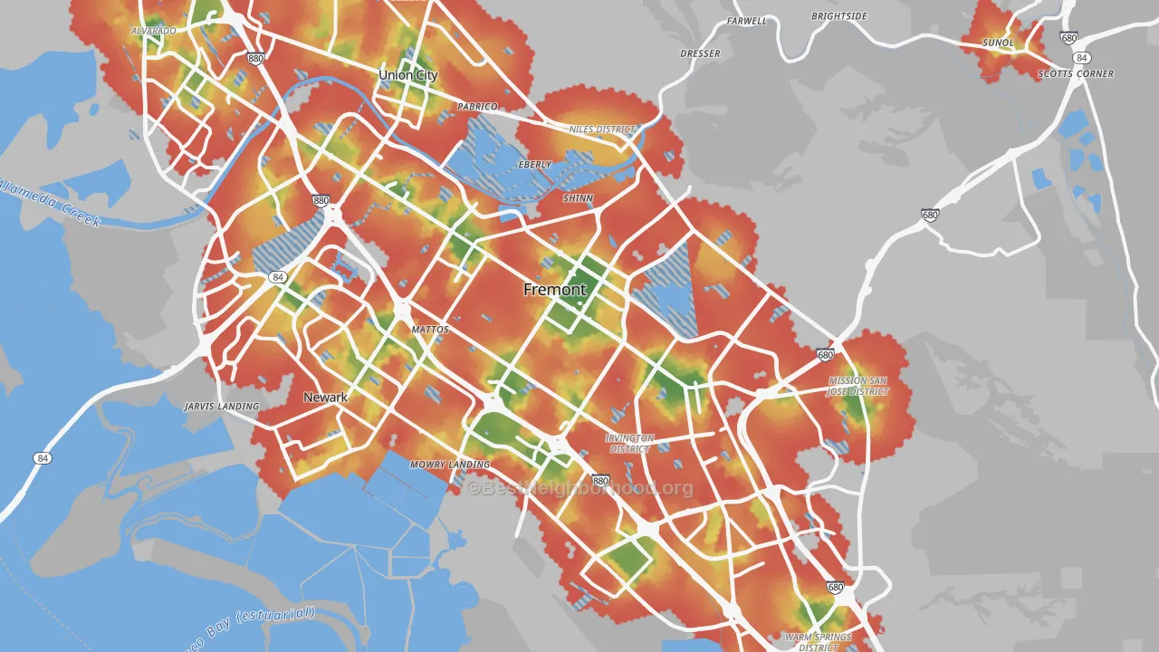Walk Grade map of Fremont, CA, walkable areas in green and car-dependent areas in red