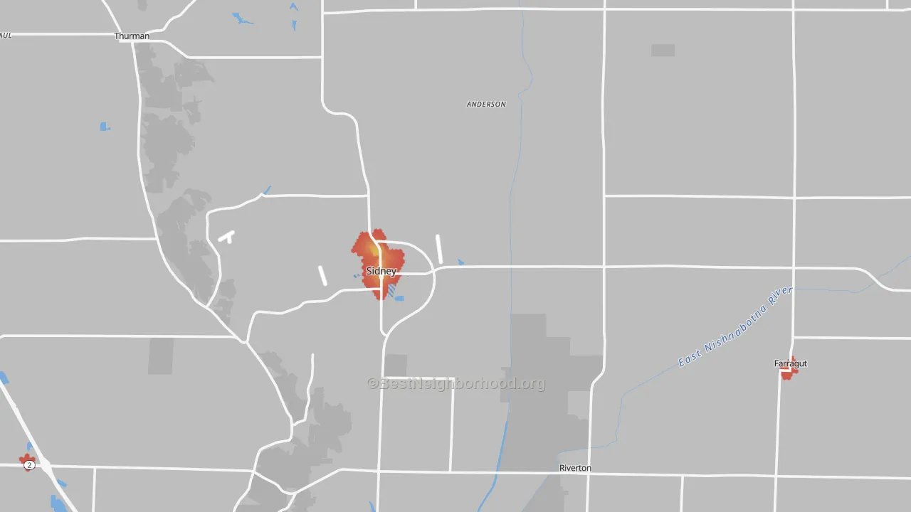 Walk Grade map of Fremont County, IA, walkable areas in green and car-dependent areas in red