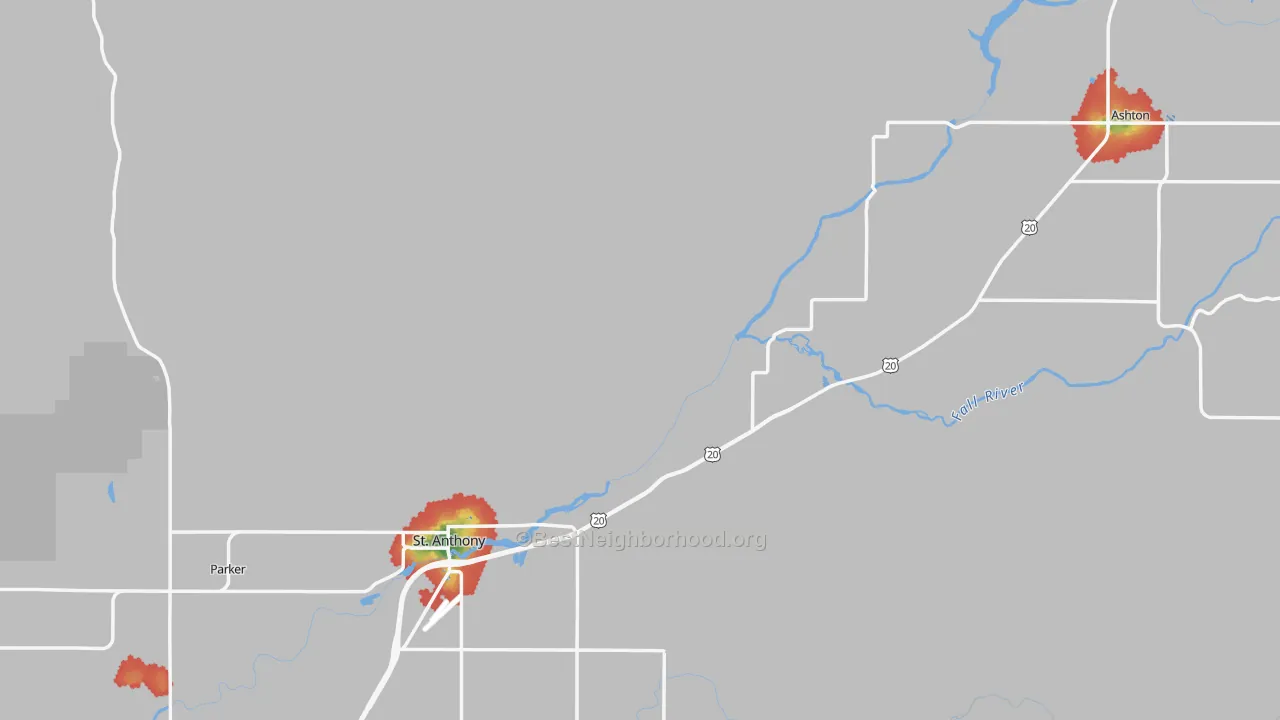 Walk Grade map of Fremont County, ID, walkable areas in green and car-dependent areas in red