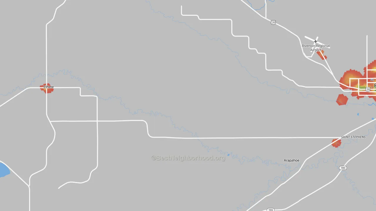 Walk Grade map of Fremont County, WY, walkable areas in green and car-dependent areas in red
