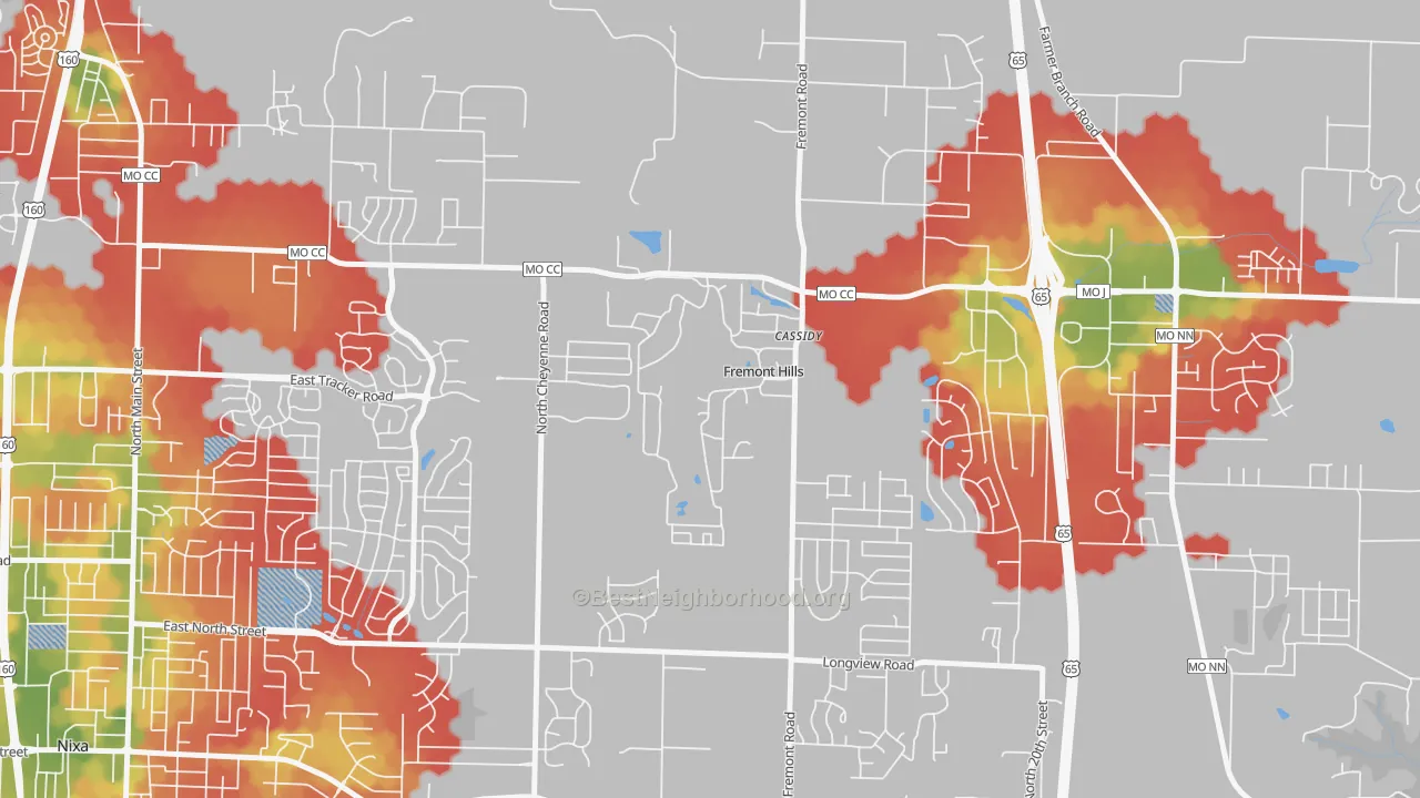Walk Grade map of Fremont Hills, MO, walkable areas in green and car-dependent areas in red