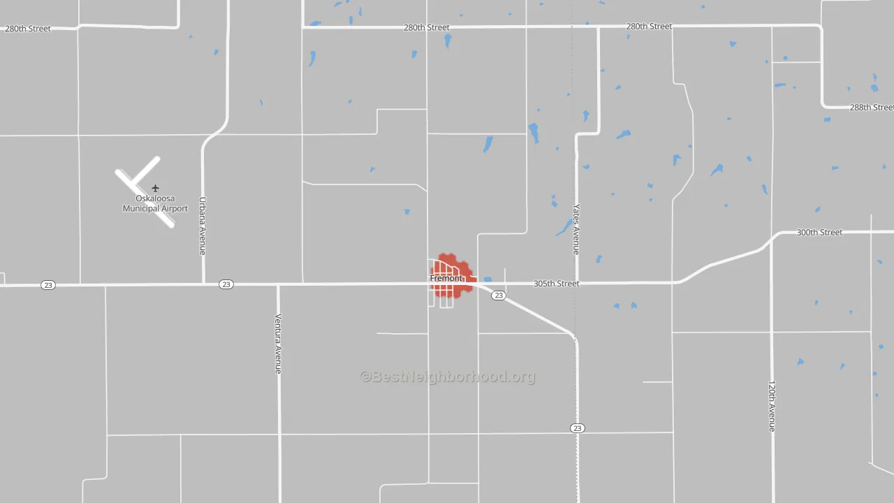 Walk Grade map of Fremont, IA, walkable areas in green and car-dependent areas in red