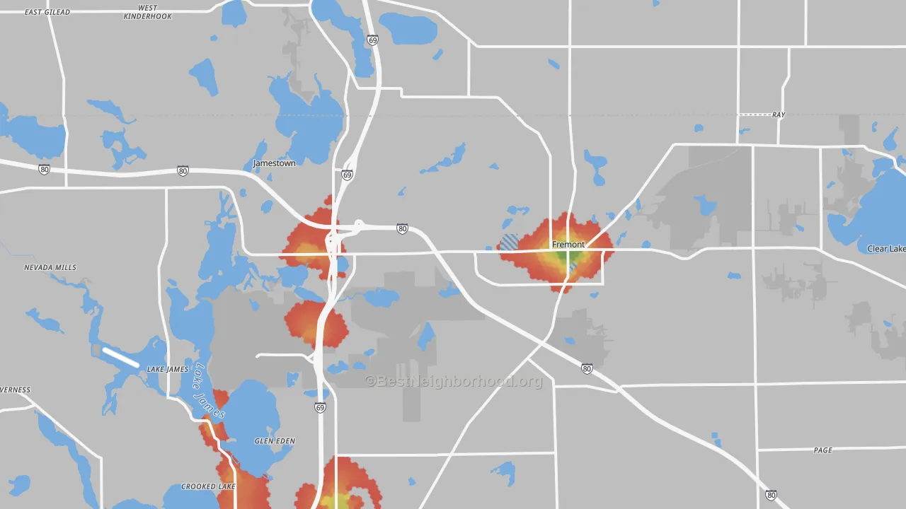 Walk Grade map of Fremont, IN, walkable areas in green and car-dependent areas in red